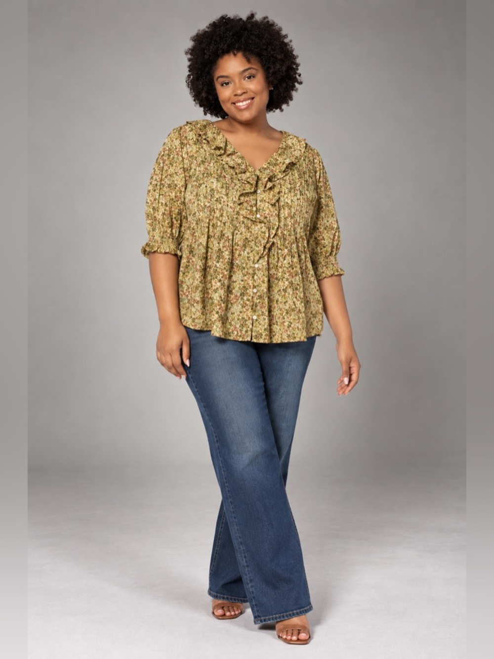 Ree By The Pioneer Woman Top 3X Green Floral Ruffle Tunic Boho Cottagecore Fairy - Picture 1 of 10
